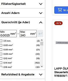Webseite Filter für Kabelquerschnitt