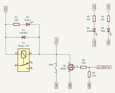 Schaltplan mit Relais, LEDs und NMOS-Transistor