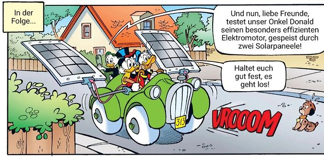 Comic-Panel mit Donald Duck und Solarauto