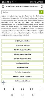 Screenshot einer Webseite für elektrische Fußbodenheizfolien