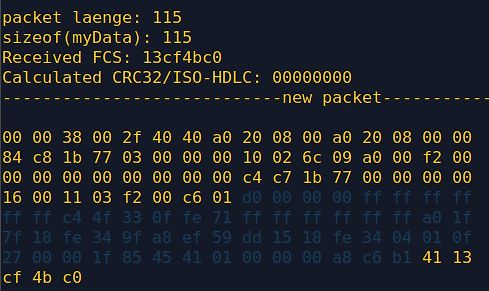 Hexadezimaler Datenpaket-Dump mit CRC32-Prüfung