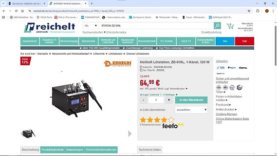 Webshop-Produktseite einer Heißluft-Lötstation