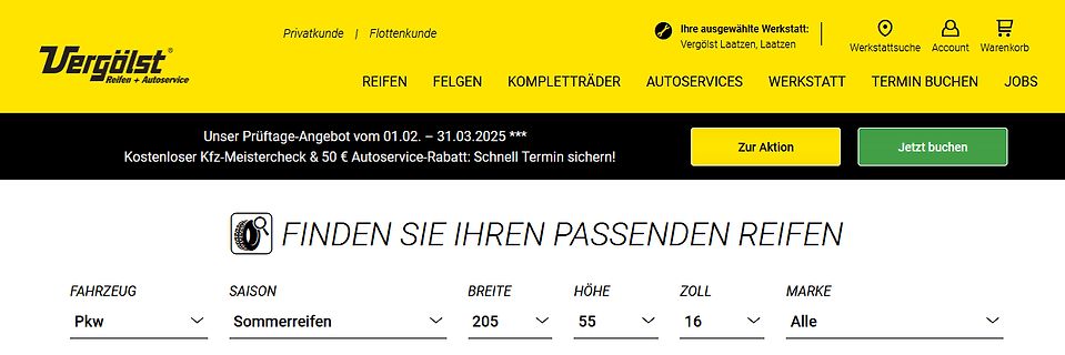 Website eines Autoreifen-Services