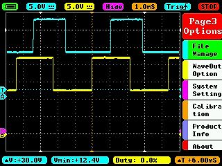Oszilloskop-Screenshot mit zwei Rechtecksignalen