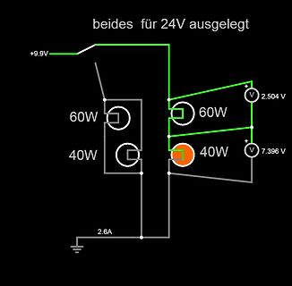 Schaltplan mit Lasten und Messwerten