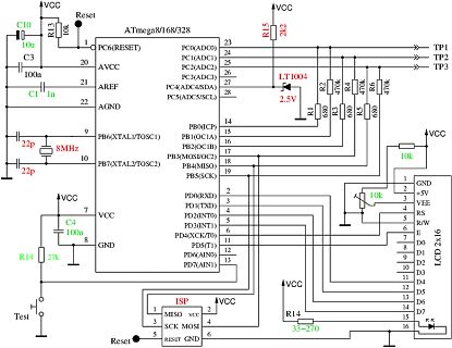 Schaltplan eines ATmega8/168/328 Mikrocontrollers mit LCD-Anschluss