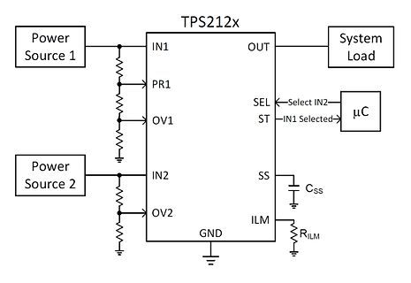 Schaltplan eines Power-Path-Controllers TPS212x