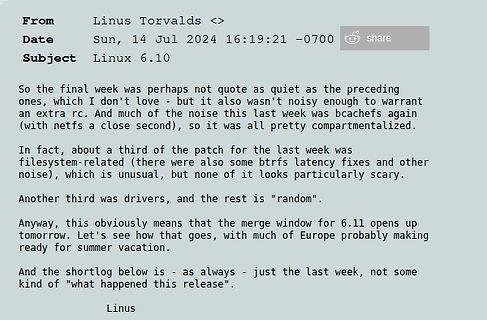 E-Mail von Linus Torvalds zu Linux 6.10
