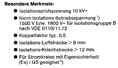 Auszug aus einem Datenblatt mit technischen Merkmalen