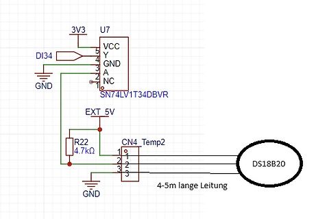 Schaltplan mit SN74LV1T34DBVR und DS18B20