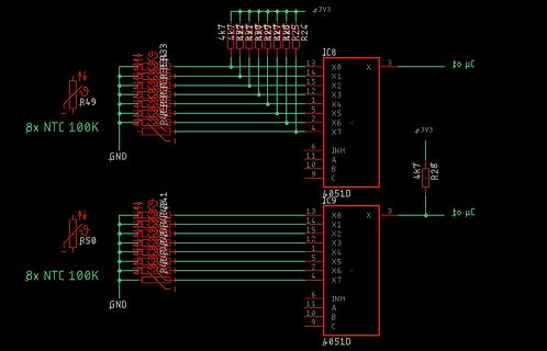 Schaltplan mit zwei Multiplexern und NTC-Sensoren