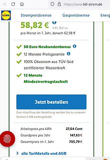 Screenshot eines Lidl Stromtarifs