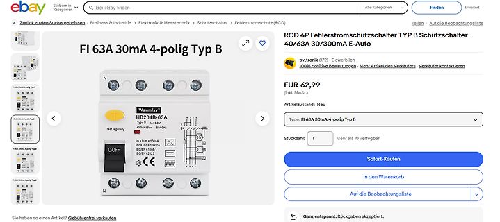eBay-Angebot eines Fehlerstromschutzschalters