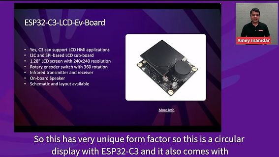 Präsentationsfolie ESP32-C3-LCD-Ev-Board mit Produktbild und Features