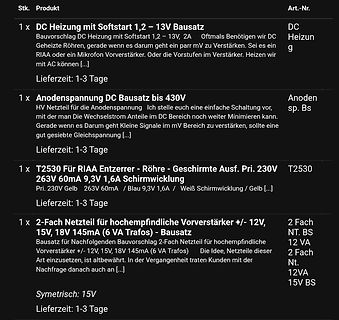 Liste von Elektronik-Bausätzen in einem Webshop