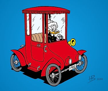 Comic-Zeichnung von Donald Duck in einem roten Oldtimer