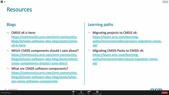 Präsentationsfolie mit Ressourcen-Links zu CMSIS v6