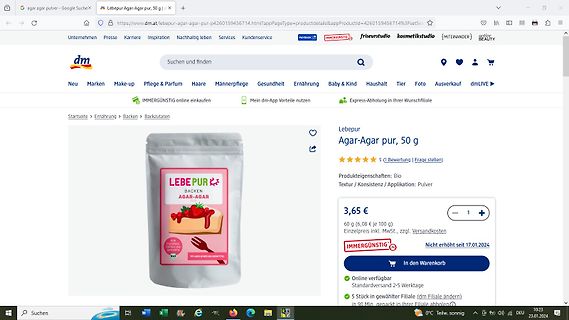 Produktseite von Agar-Agar pur bei dm