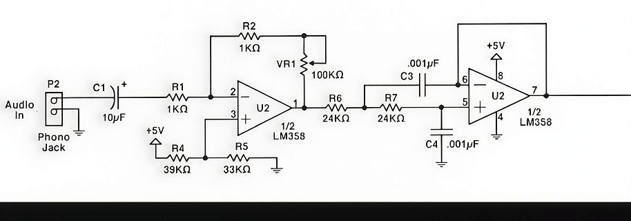 Schaltplan eines Audio-Vorverstärkers mit LM358