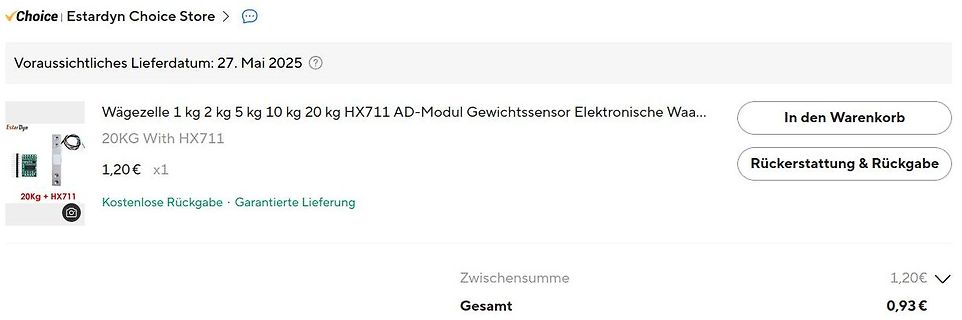 Screenshot eines Online-Shops für einen Gewichtssensor