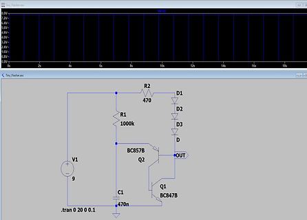 Schaltplan und Oszilloskop-Simulation eines Blinkers