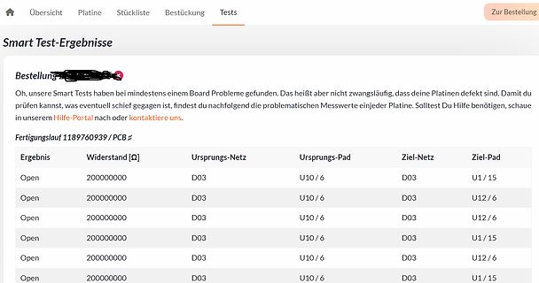 Screenshot von Smart Test-Ergebnissen einer Platine