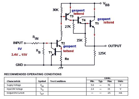 Schaltplan einer Darlington-Transistor-Schaltung mit Tabelle