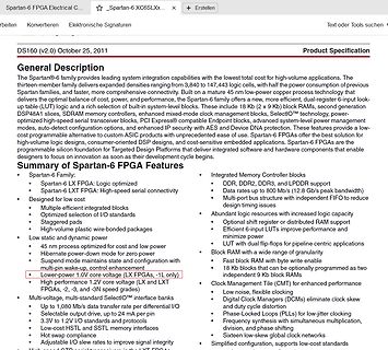 Datenblatt Ausschnitt Spartan-6 FPGA