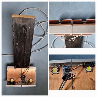 Freie Verdrahtung mit LEDs und Platinen auf Holz