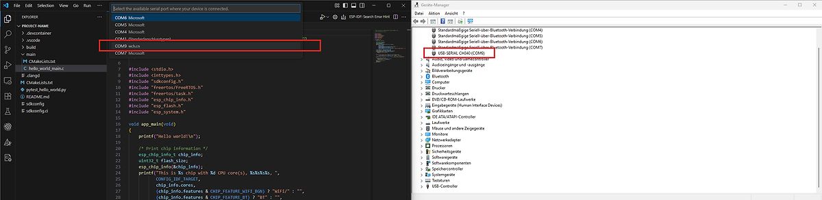 Screenshot von Visual Studio Code und Windows Geräte-Manager