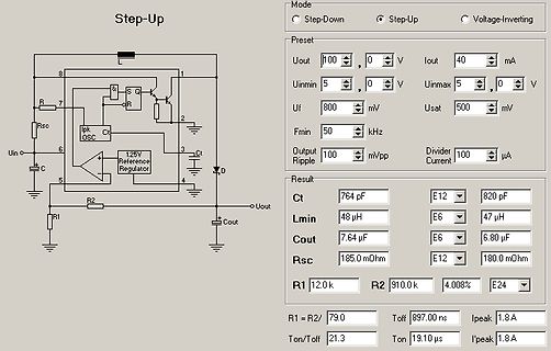Software-Simulation eines Step-Up Wandlers mit Schaltplan und Parametern
