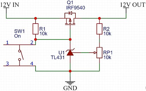 Schaltplan einer MOSFET-gesteuerten Schaltung mit TL431