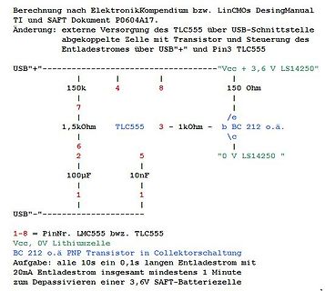 Textbasierter Schaltplan einer Entladeschaltung mit TLC555