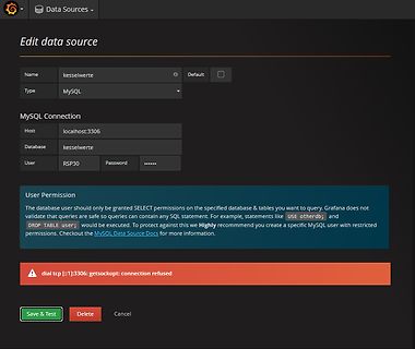 Grafana MySQL Datenquellen-Konfiguration mit Fehlermeldung