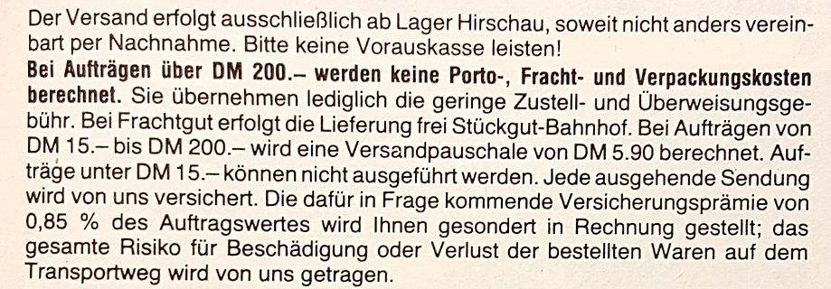 Text über Versandbedingungen und Kosten