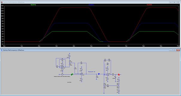Simulation eines Operationsverstärkers mit Oszillogramm und Schaltplan