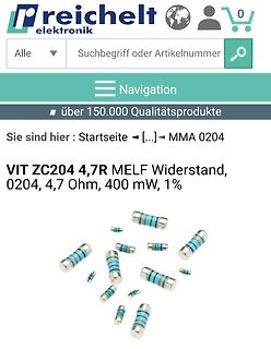 Webseite eines Elektronik-Shops mit Widerständen
