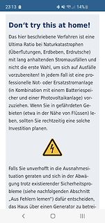 Screenshot eines Warnhinweises zu Notstromversorgung