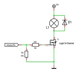Schaltplan mit Arduino-Pin, MOSFET und Last