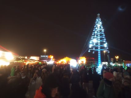 Menschenmenge vor beleuchtetem Weihnachtsbaum bei Nacht