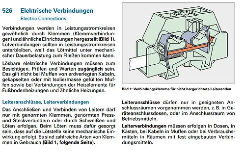 Illustration einer Verbindungsklemme und Text zu elektrischen Verbindungen