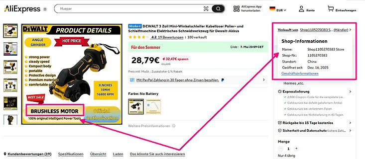 AliExpress Produktseite für Dewalt Winkelschleifer