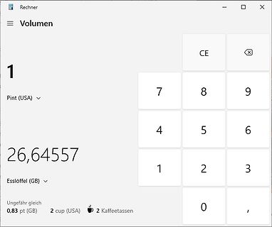 Windows Taschenrechner Volumenumrechnung