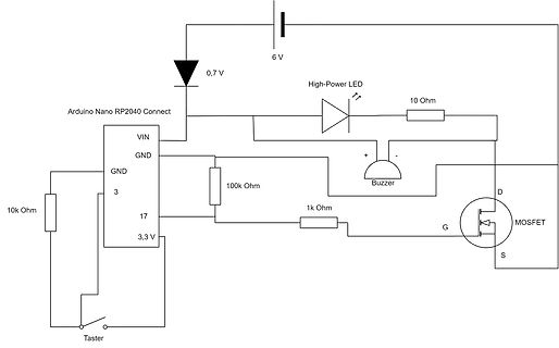 Schaltplan mit Arduino Nano RP2040 Connect, LED, MOSFET und Buzzer