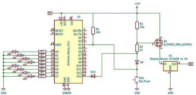 Schaltplan mit Arduino Nano, LEDs und Step-Up-Konverter