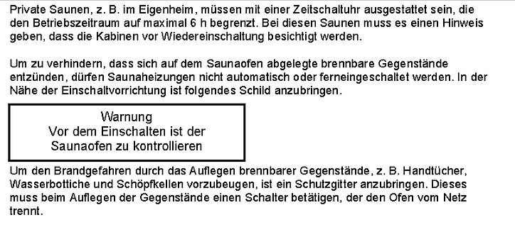 Deutscher Text zu Sicherheitsvorschriften für Saunaöfen