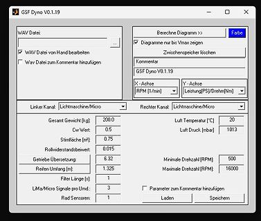 Benutzeroberfläche der Software GSF Dyno V0.1.19