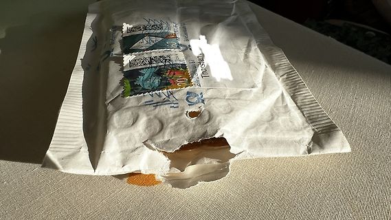Zerrissener Briefumschlag mit Briefmarken