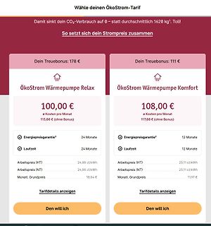 Vergleich von zwei Ökostrom-Tarifen
