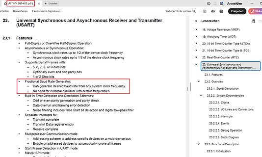 Ausschnitt eines Datenblatts zum USART Modul